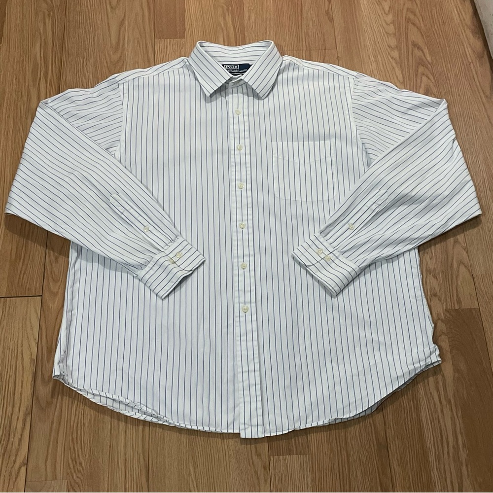 Polo Ralph Lauren Men’s 17.5x36/37 Long Sleeve Button Up Shirt White Striped
